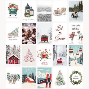 Pu&ograve; includere: Una collezione di biglietti di Natale con illustrazioni ad acquerello. I biglietti raffigurano scene invernali con paesaggi innevati, decorazioni festive e auguri di festa come "Merry Christmas" e "Happy Holidays".