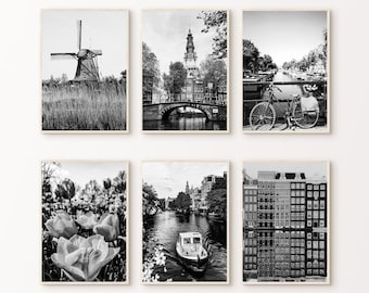 Printable Set of 6 Amsterdam Photography, Black White Amsterdam Bike Print, Holland Tulip Poster, Europe Cityscape 6 Pieces Large Wall Art
