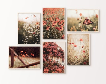 Spring Gallery Wall Set, Wildflower Set of 6 Prints DIGITAL, Flowery Field 6 Pieces Large Wall Art, Butterfly Wall Art, Flowers Photography