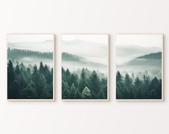 Mountain Photography, Printable Forest Landscape Prints Set of 3, Misty Foggy Forest Poster, Nature 3 Pieces Wall Art, Digital Download
