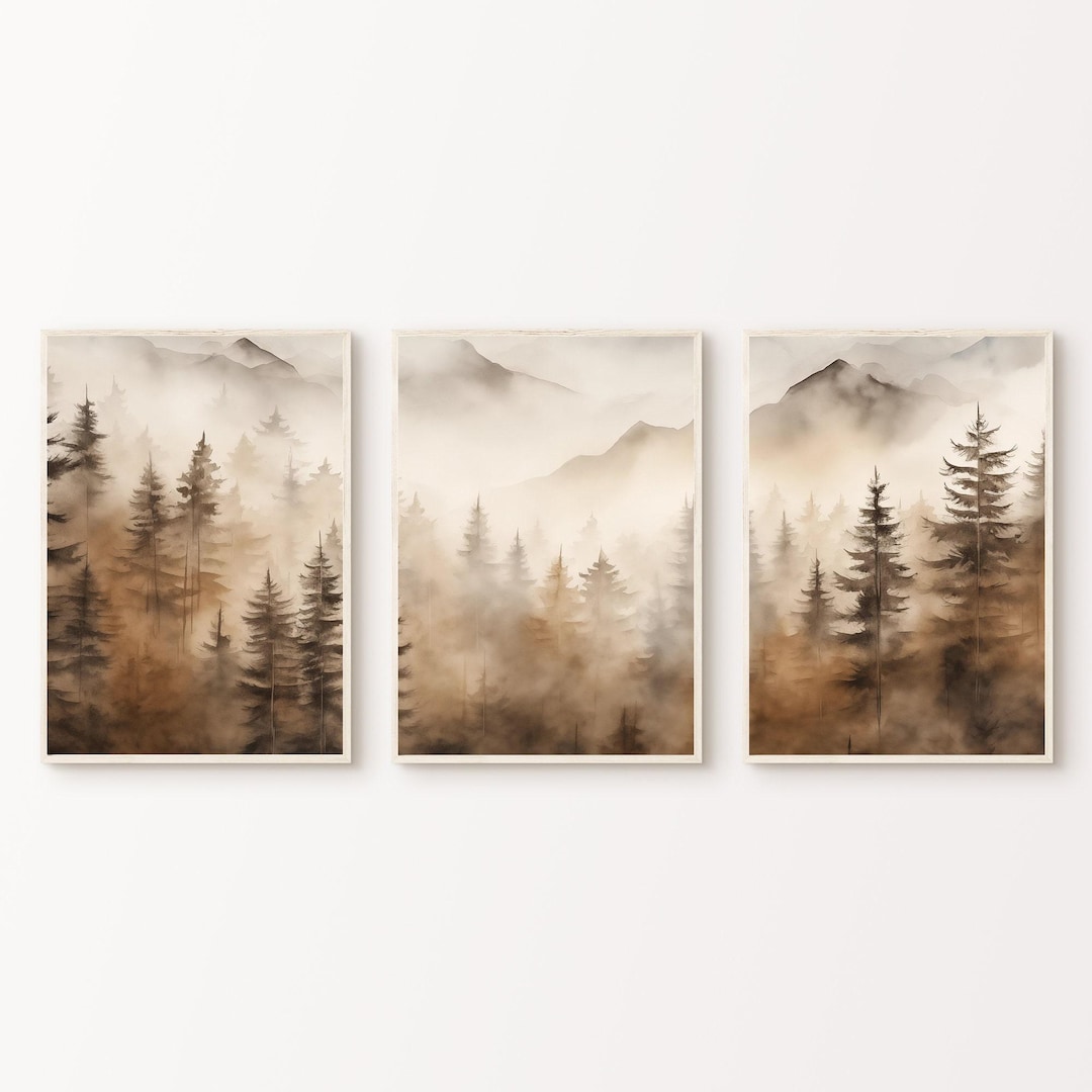 Fall Forest Set of 3 Prints, Printable Foggy Mountain Poster, Misty ...