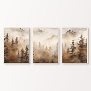 Fall Forest Set of 3 Prints, Printable Foggy Mountain Poster, Misty Forest 3 Pieces Wall Art, Nature Split Painting, Pine Trees Triptych