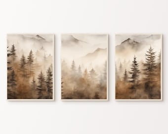 Set di 3 stampe "Foresta Autunnale", poster stampabile "Montagna Nebbiosa", 3 pezzi di "Foresta Nebbiosa", dipinto di natura divisa, trittico di pini