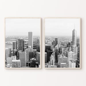 Printable Chicago Skyline 2 Pieces Large Wall Art, Set of 2 Chicago Black & White Photography, Chicago Poster, American City Poster