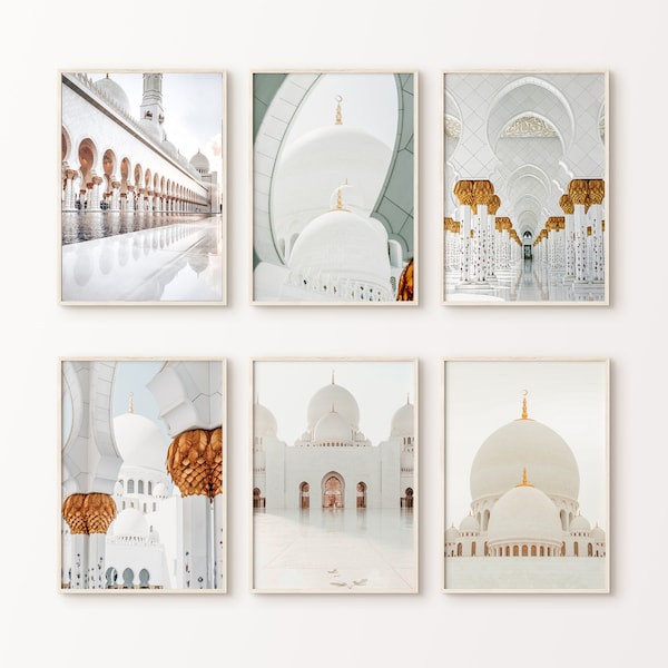 Ensemble IMPRIMABLE de 6 photographies d'Abou Dhabi, estampes de mosquée blanche, grand art mural islamique de 6 pièces, affiche d'architecture, affiche de voyage oriental