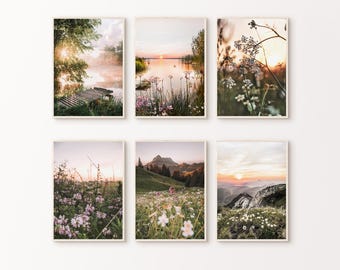 Nature Set of 6 Photography, Printable Wildflowers 6 Pieces Wall Art, Green Nature Print Set, Forest Mountain Landscape Digital Download Art
