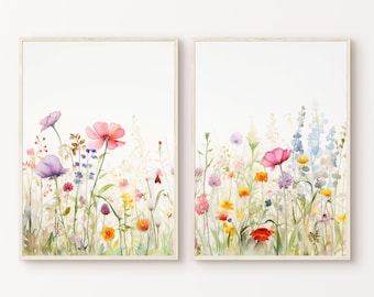 Set of 2 Neutral Watercolor Wildflower Prints, PRINTABLE Flowers Split Wall Art, Floral 2 Pieces Wall Art, Farmhouse Spring Decor