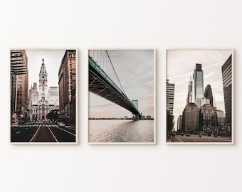 Philadelphia-set med 3 tryck, utskrivbar fotografi av Philadelphias stadshus, stor väggkonst av 3 delar, tryck av Benjamin Franklin-bron
