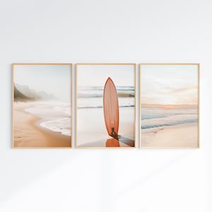 Juego de 3 impresiones de playa bohemia, arte de pared costero imprimible de 6 piezas, fotografía de paisaje oceánico, arte de pared de surf, póster decorativo de playa al atardecer