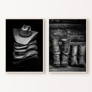 Western 2 Pieces Wall Art, Cowboy Prints Set of 2, Farmhouse Gallery Wall Set, Printable Black and White Rustic Photography, Cowboy Poster