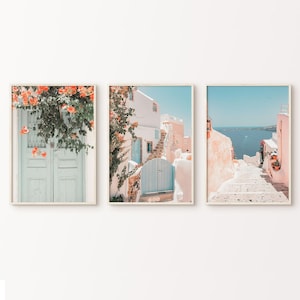 Greece Prints Set of 3 Wall Art Printable, Boho Santorini Gallery Wall Set, Blush Mediterranean Art, Neutral Beach Photography Travel Poster