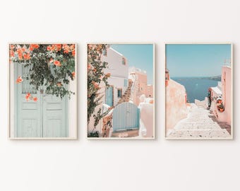 Ensemble de 3 impressions d'art mural Grèce, impression d'art mural Boho Santorini, art méditerranéen blush, photographie de plage neutre, affiche de voyage