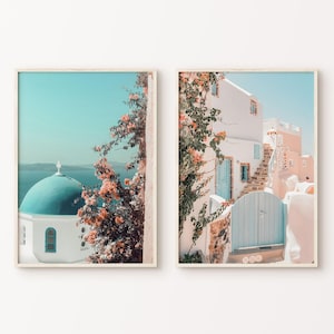Greece Photography Set of 2 Wall Art, Boho Greece Gallery Wall Set, Flower Bougainvillea Print, Santorini Prints, Travel Poster Print Set