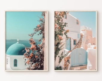 Ensemble de photographies Grèce, lot de 2 oeuvres d'art mural, ensemble mural Boho Grèce, bougainvilliers imprimés, gravures de Santorin, ensemble d'impressions d'affiches de voyage
