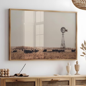 Southwest Farm Landscape Print, DIGITAL Cattle Wall Art, Rustic Farmhouse Wall Decor, Fog Western Windmill Photography, Texas Cowboy Poster