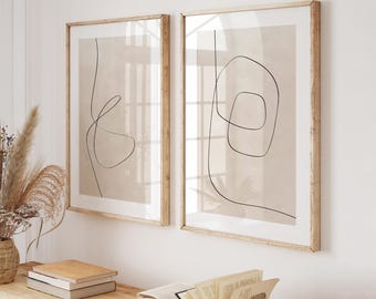 Beige Prints Set of 2, Abstract Painting, PRINTABLE Neutral Minimalist 2 Pieces Wall Art, Modern Beige Wall Decor, Line Art Digital Download