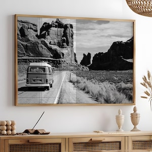 Black and White Arizona Print, Retro Van Desert Art Prints, Travel Photography Print, Landscape Wall Art, Printable Poster, Large Wall Art