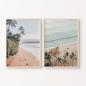 Printable Coastal Set of 2 Photography, Hawaii Large 2 Pieces Wall Art, Beach Photography, Tropical Palm Tree Wall Art, Surf Board Print