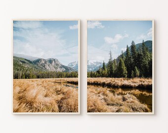 Mountain Fall Printable Set of 2 Prints, Fall Landscape Poster, Fall Forest 2 Pieces Wall Art, Autumn Nature Split Photography, Forest Print