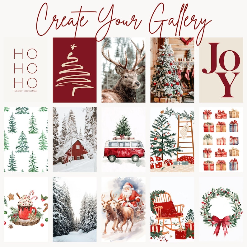 Pu&ograve; includere: Un collage di immagini a tema natalizio, tra cui un cervo, alberi di Natale, un furgone VW rosso con un albero sopra e scatole regalo. Il testo "Create Your Gallery" &egrave; in alto, con "HO HO HO Merry Christmas" e "JOY".