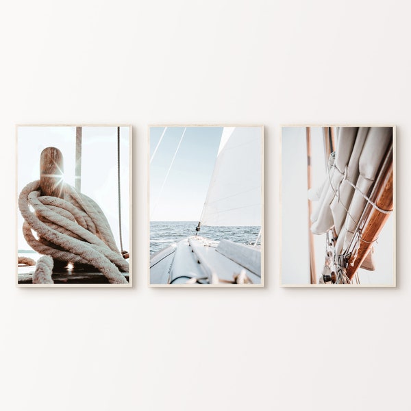 Printable Sailing 3 Pieces Large Wall Art, Wooden Boats Print, Coastal Wall Art, Nautical Photography, Seascape Poster, Beach Cottage Decor