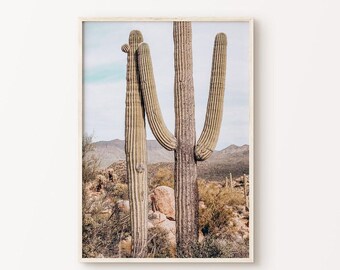 Druckbare Kaktus Wandkunst, Saguaro Kaktus in der Wüste Fotografie, Boho Kaktus Digitaldruck, Wüste Große Wandkunst, Arizona Wandkunst