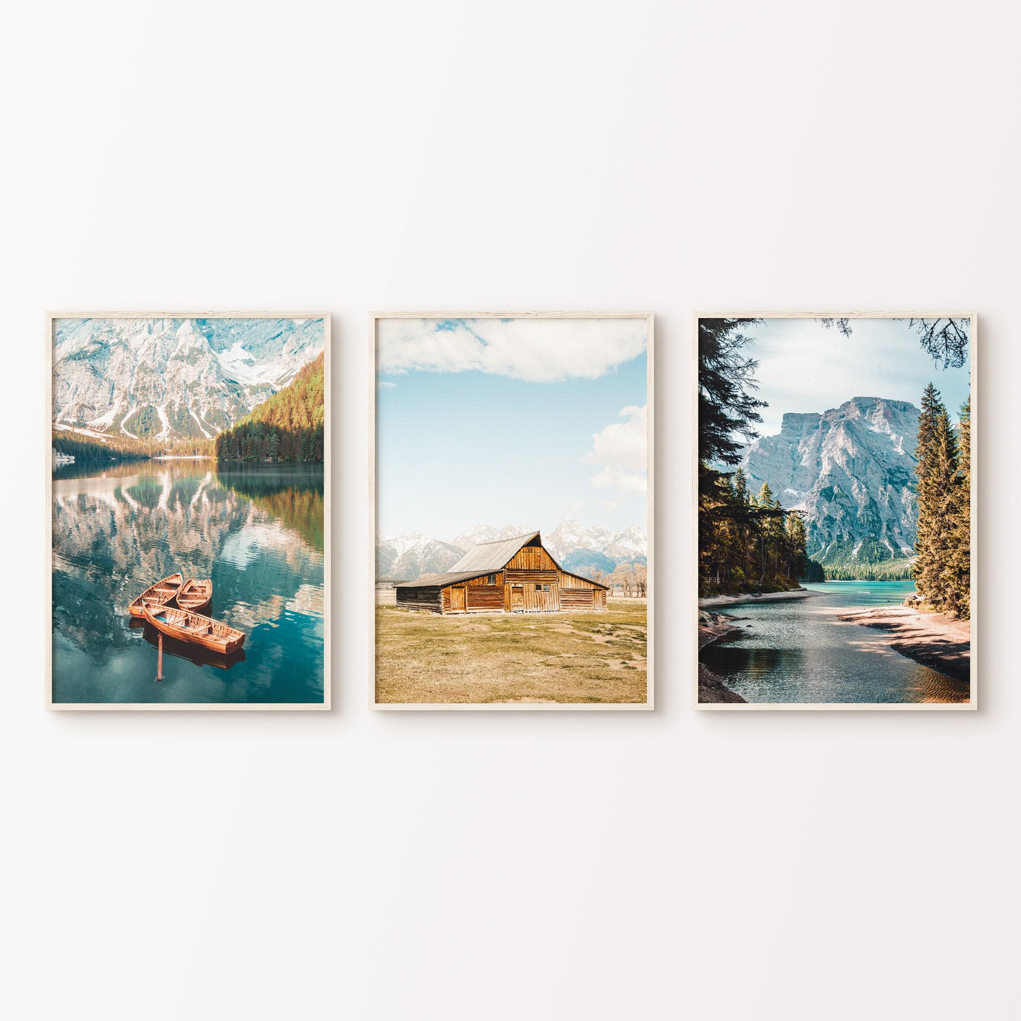 Printable Set of 3 Mountain Landscape Photography, Nature Nordic Forest Wall Set, Lake 3 Pieces Large Wall Art, Farmhouse Digital Print