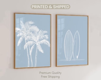 Coastal Wall Art, Set of 2 Tropical Mailed Prints, Palm Tree Sketch, Surfboard Poster, Light Blue Beach Cottage Decor, Minimalist Beach Art