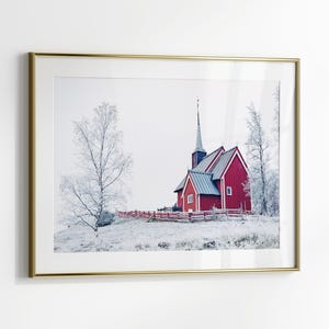 Winter Landscape Print, Printable Nordic Church Wall Art, Snowy Christmas Poster, Winter Wonderland Wall Art, Snowy Nature Photography Print image 3