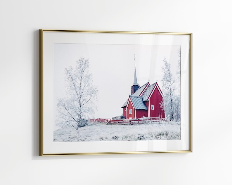 Winter Landscape Print, Printable Nordic Church Wall Art, Snowy Christmas Poster, Winter Wonderland Wall Art, Snowy Nature Photography Print image 3