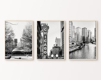 Printable Set of 3 Chicago Black & White Photography, Chicago Theater Print, Chicago Skyline 3 Pieces Large Wall Art, American City Poster