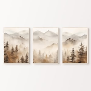 Bergwald Prints 3er-Set, druckbare neblige Landschaft Poster, nebliger Wald, Wandkunst, Naturmalerei, Kiefern, Triptychon