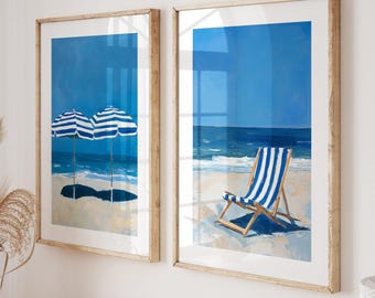 Coastal Prints Set of 2, Printable Italian Beach Art, Beach Cottage Decor, Seascape Digital Prints, Beach Umbrella Painting