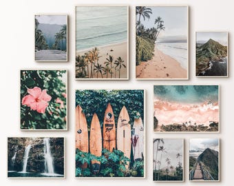 Set di gallerie stampabili delle isole Hawaii, set di 10 fotografie delle Hawaii, grandi 10 pezzi di arte murale delle Hawaii, arte murale tropicale, stampa di tavole da surf
