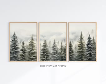 Winter Pine Forest Wall Art, Snowy Landscape Set of 3 Digital Prints, Rustic Farmhouse Christmas Decor, Printable