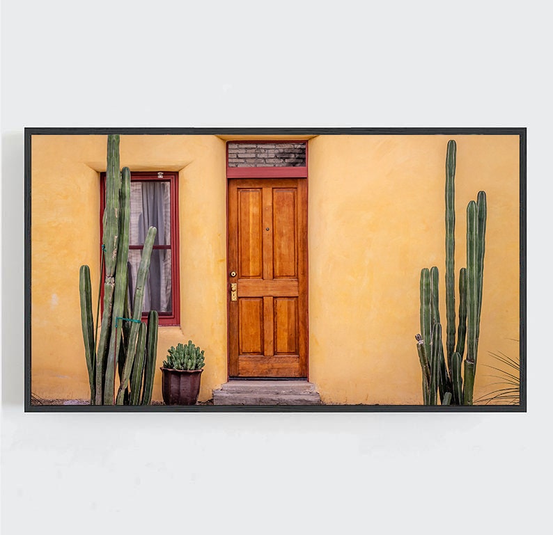 May include: A yellow stucco building with a wooden door and two windows. The building is surrounded by cacti.