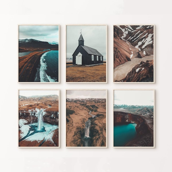Set di 6 stampe di fotografie di paesaggi islandesi, 6 stampe da parete nordiche, set da parete con galleria islandese stampabile, grande stampa da parete con natura rustica