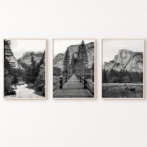 Black and White Yosemite Wall Art Set of 3, Yosemite National Park Poster, Yosemite Falls 3 Pieces Wall Art, Printable Photography Print Set