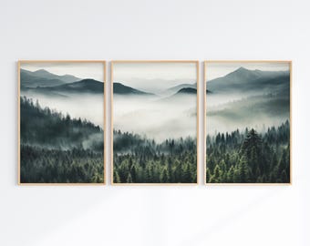 Mountain Photography, Printable Forest Landscape Prints Set of 3, Misty Foggy Forest Poster, Nature 3 Pieces Wall Art, Digital Download