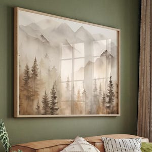 Bergwald Poster, druckbare Landschaft, nebliger Wald Druck, großes Wandbild, Naturmalerei, Herbst Kiefern Wandkunst