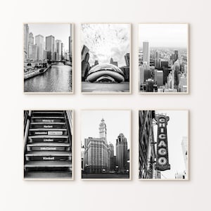 Printable Set of 6 Chicago Black & White Photography, Chicago Theater Print, Chicago Skyline 6 Pieces Large Wall Art, American City Poster