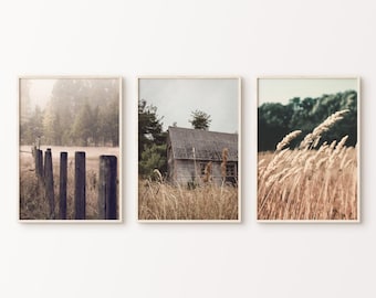 Farmhouse Set of 3 Printable Photography, Rustic Cottage 3 Pieces Large Wall Art, Countryside Photography, Wheat Field Wall Art