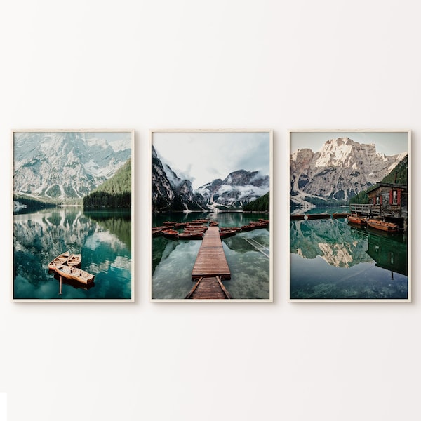 Mountain Lake Landscape Set of 3 Prints DIGITAL, Canoe Printable Art, Nature Nordic Photography, Dolomites Mountain Cabin Large Wall Art