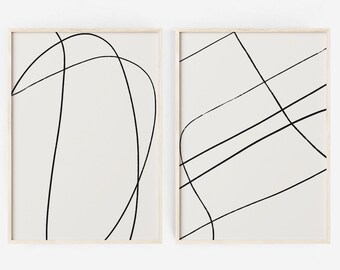 Abstrakt linjekonst set med 2 digitala tryck, minimalistiska tryck, en linje 2 delar väggkonst, utskrivbar enlinjeteckning