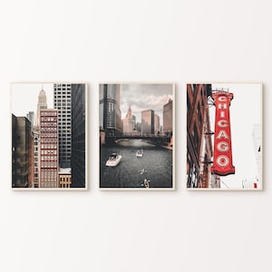 Chicago 3 Pieces Wall Art, Printable Set of 3 Chicago Prints, Chicago Theater Photography, Chicago Skyline Poster, City Large Wall Art