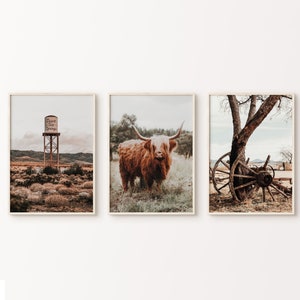 Southwest Set of 3 DIGITAL Prints, Rustic Western 3 Pieces Large Wall Art, Printable Farmhouse Photography, Highland Cow Print
