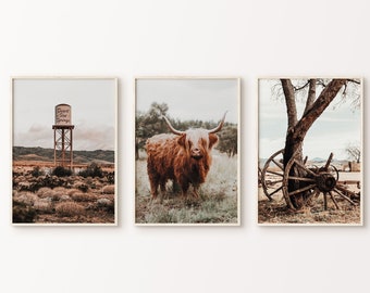 Southwest Set of 3 DIGITAL Prints, Rustic Western 3 Pieces Large Wall Art, Printable Farmhouse Photography, Highland Cow Print