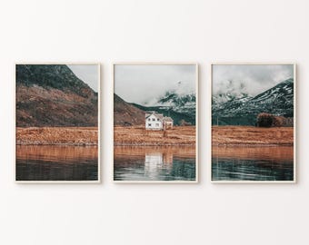 Autumn Landscape Set of 3 Printable Photography, Nordic Wall Art, Misty Mountain Split Print, Lake 3 Pieces Wall Art, Fall Nature Photos