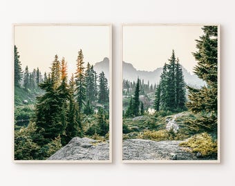 Mountain Set of 2 Prints, Printable Nature Landscape 2 Pieces Wall Art, Green Nature Photography Set, Nordic Forest Poster, Digital Download