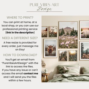 The image is a collage of various landscape photographs, including a pastoral scene with a cow and a field of flowers, as well as other natural scenery. The collage is displayed on a wall, and the text provides information about where to print the photographs and how to download them.